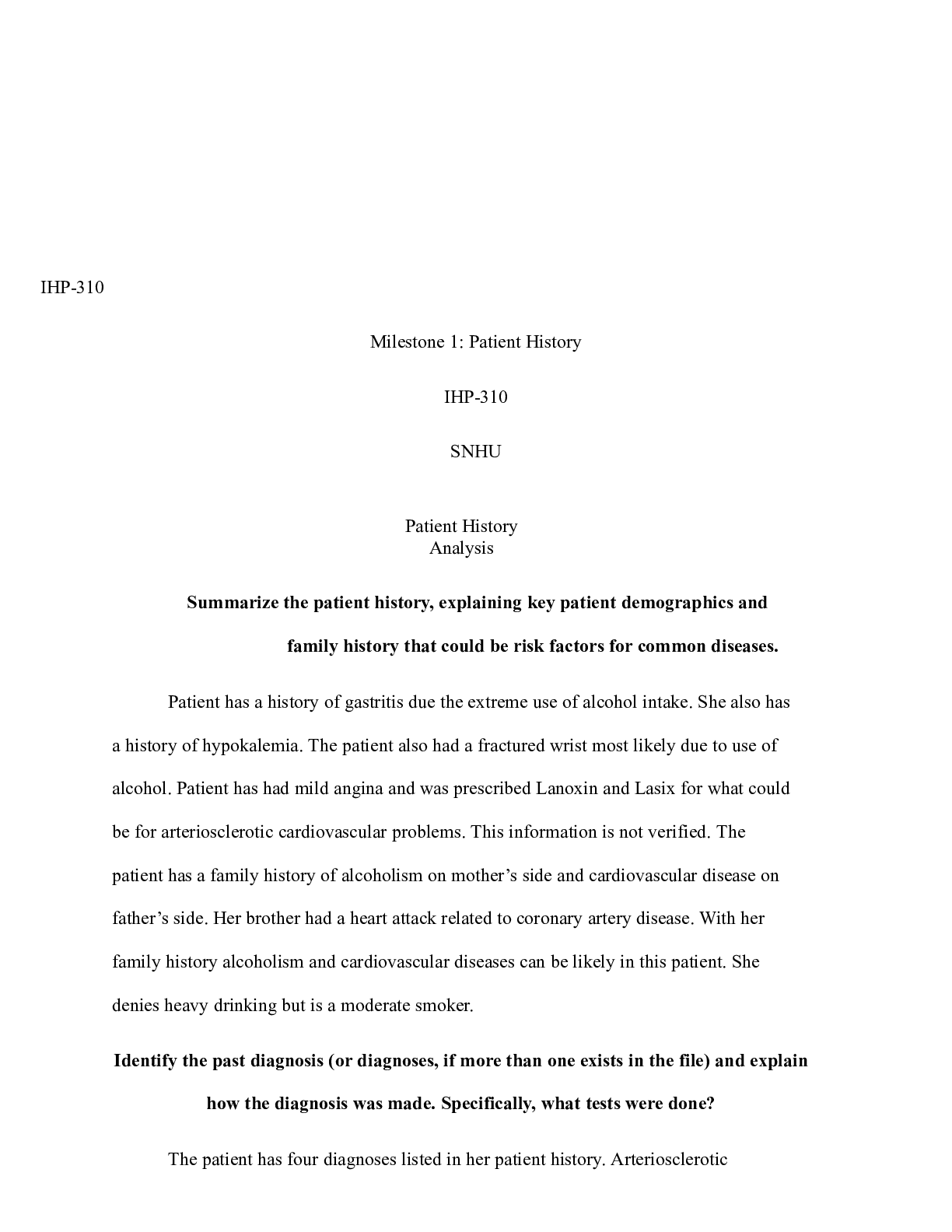 Preview image for Milestone 1 patient history|    IHP-310  Milestone 1: Patient History  IHP-310  SNHU